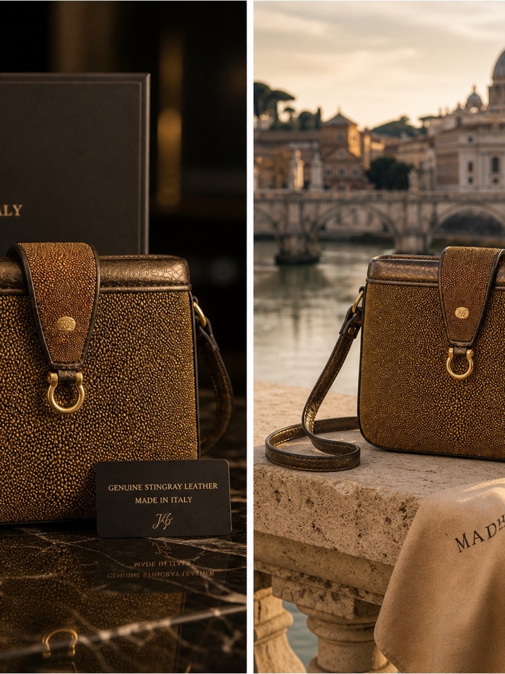 Genuine Stingray Leather Crossbody Bag Made in Italy Exotic Luxury Gold Brown - Picture 12 of 12